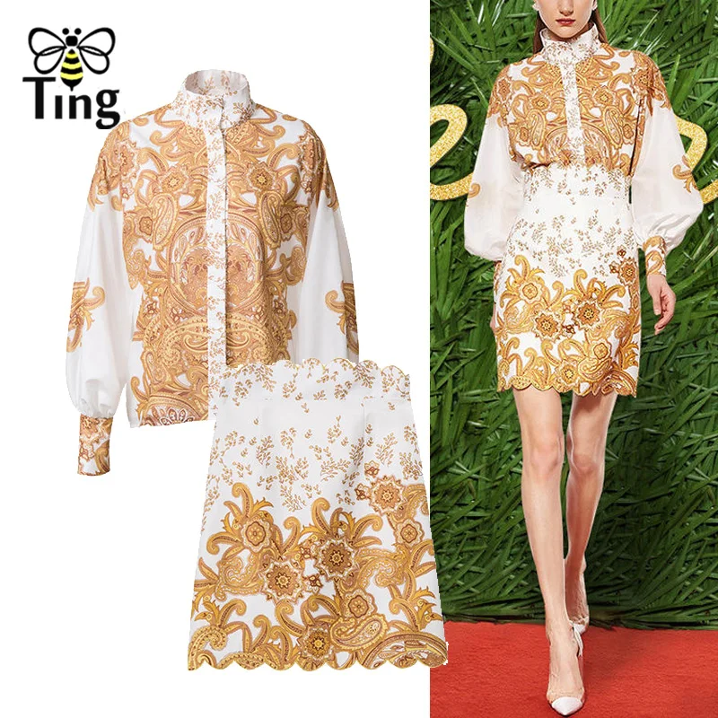 

Tingfly Designer Runway Style Vintage Print Lantern Sleeve Blouse + High Waist Mini Skirt Women Two Pieces Sets Casual Women set