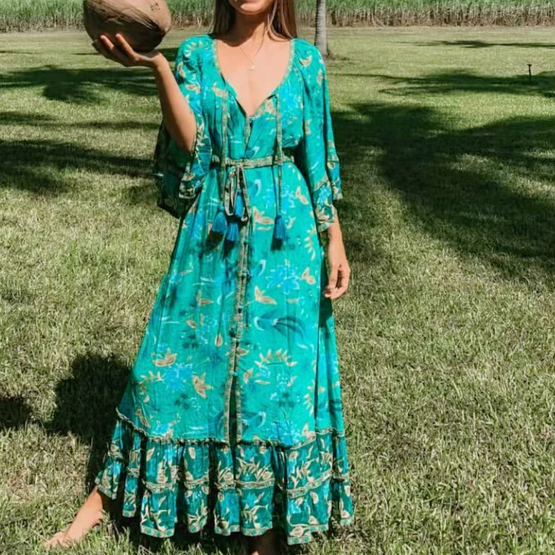 Boho шикарное женское платье с цветочным принтом и птицами, с расклешенными рукавами, богемное вискозное Хлопковое платье макси, женское платье с v-образным вырезом, на шнуровке, с оборками, vestidos