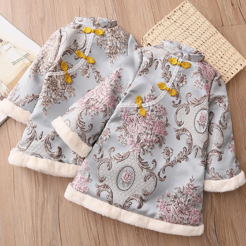 

Girls Winter Cheongsam 2020 New Year 2-10 Years Embroidery Plus Velvet Ethnic Chinese Tang Style Thickening Kids Baby Girl Dress