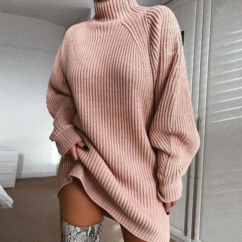 Осенний Черный Длинный свитер женский длинный рукав свободный вязаный свитер с высоким воротником Зима повседневные толстые теплые пуловеры женские