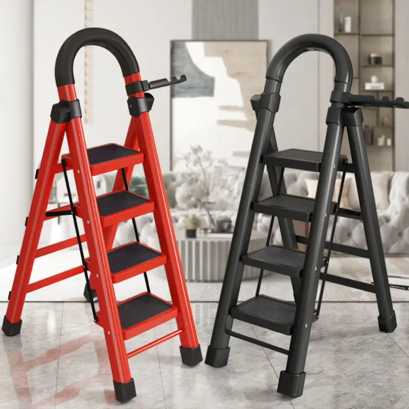 Folding Ladder Household Indoor Herringbone Multifunctional Four-step Thickened Steel Pipe Telescopic Pedal Safe Domestic |