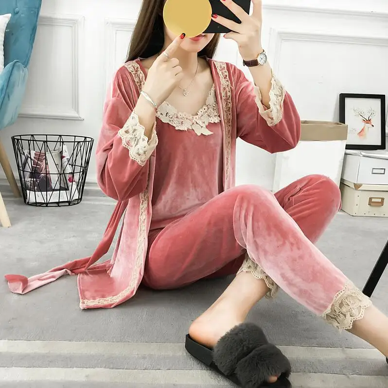 5XL осень-зима Женский 3 предмета пижамные комплекты бархатный, на шнуровке, лоскутный цветочный бархат высокое качество халат-ночная рубашка плюс Размеры - Цвет: pink