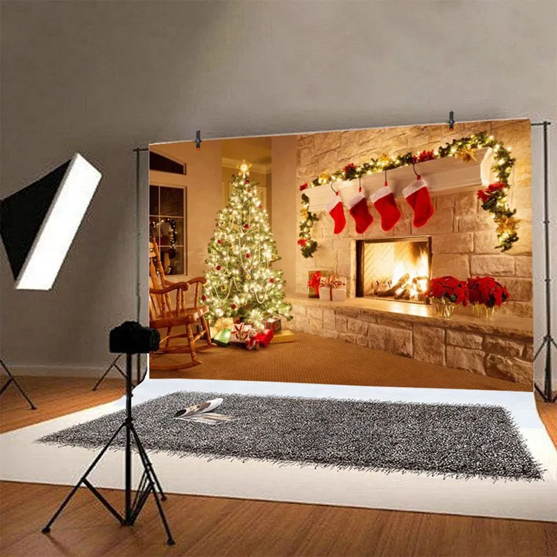 Photography Backdrops Christmas Tree Fireplace Background for Picture Red Socks Xmas Party Decor Family Photo Studio Backdrop
