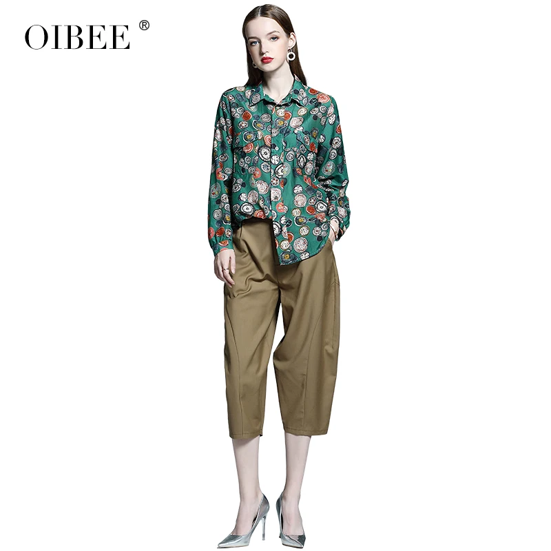 OIBEE2019 Осенняя женская новая рубашка Женская свободная Зеленая Корейская версия жира мм большой размер с длинными рукавами Цветочная рубашка