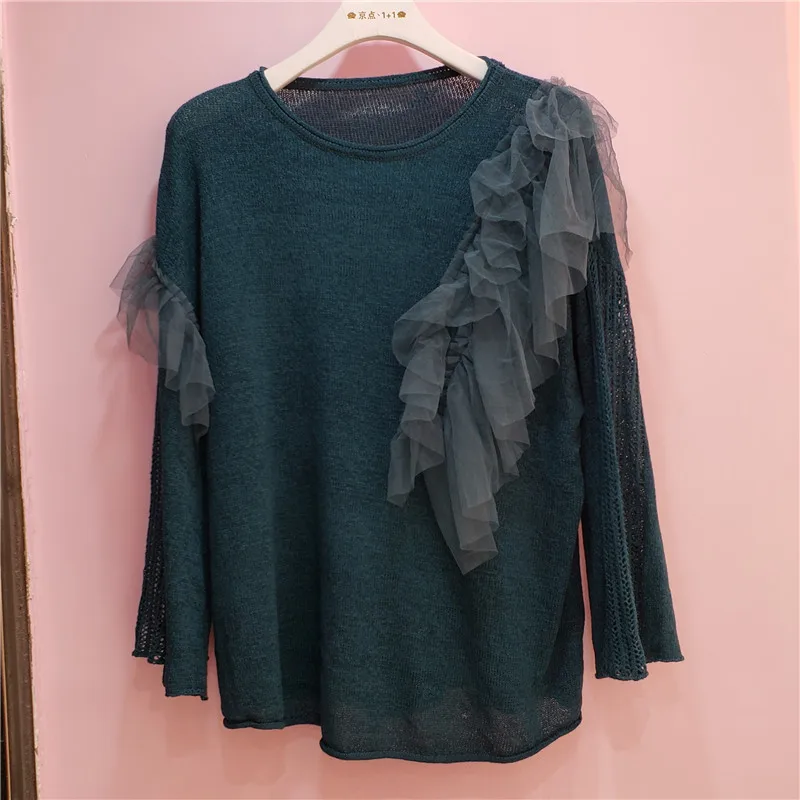 

Nancylim Oversize Sweater Woman 2020 Autumn New Horn Sleeve Ruffles Mesh Long Sleeve Jumper Female Lady Loose Bf Sweaters Pull