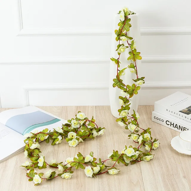 250CM Rose Artificial Flowers Christmas Garland for Wedding Home Room Decoration Spring Autumn Garden Arch DIY Fake Plant Vine Beige