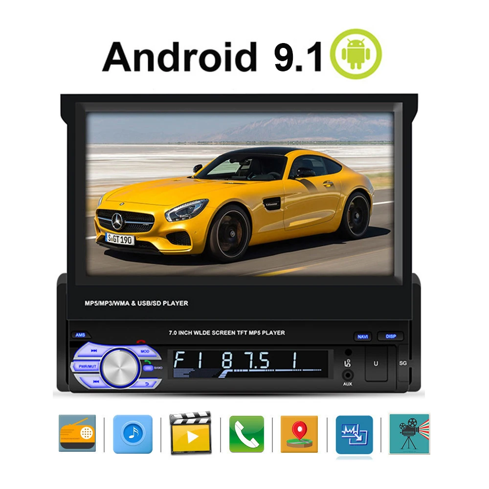 

7' Single 1 Din Android 9.1 Car MP5 Player GPS Wifi BT Auto Radio Universal Quad Core Car Radio Stereo GPS Navigation