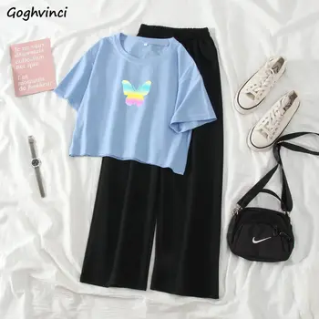 

Women Sets Summer Fashion Casual Basic Femme Outfits Butterfly-print Design Chic Girls Crop Top Soft Wide-leg College Teens Pant