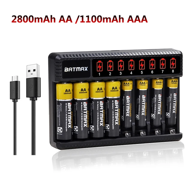 Pilas recargables AA de 2800mAh y AAA de 1100mAh, pilas recargables con  cargador de 8 ranuras para juguetes eléctricos AA, AAA, NiMH - AliExpress