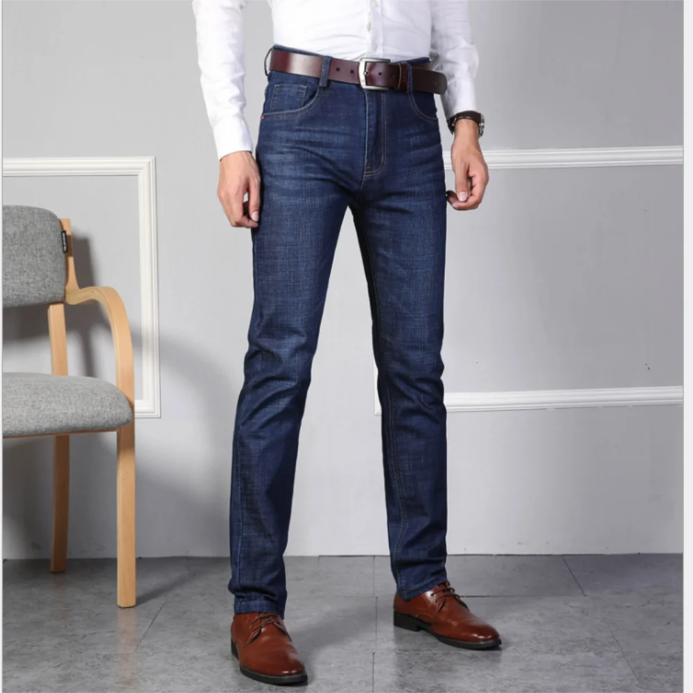 EH·MD® Pure Color Warm Jeans Men Slim Fit Fall Winter High-end Retro Bleached Business Straight Pants Men's Office Workers New22