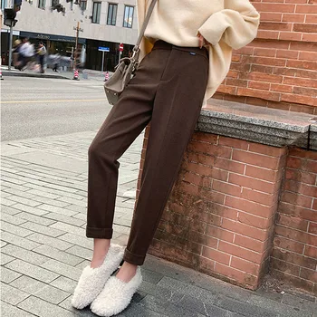 

Casual Solid Autumn Winter Pants High Waist Thicken Women Suit Pants Woolen Warm Female Trousers Capris 2019