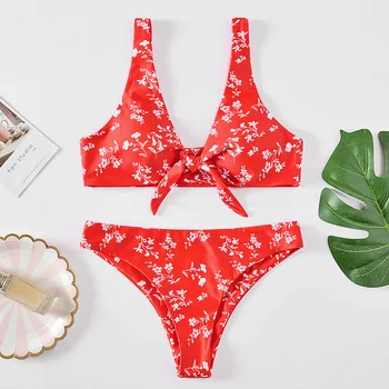 

Roseheart Summer Red Sexy Bikini Set Bow Women Swimsuit Backless Swimwear Low Waist Holiday Suit Female Beach Flower Printed