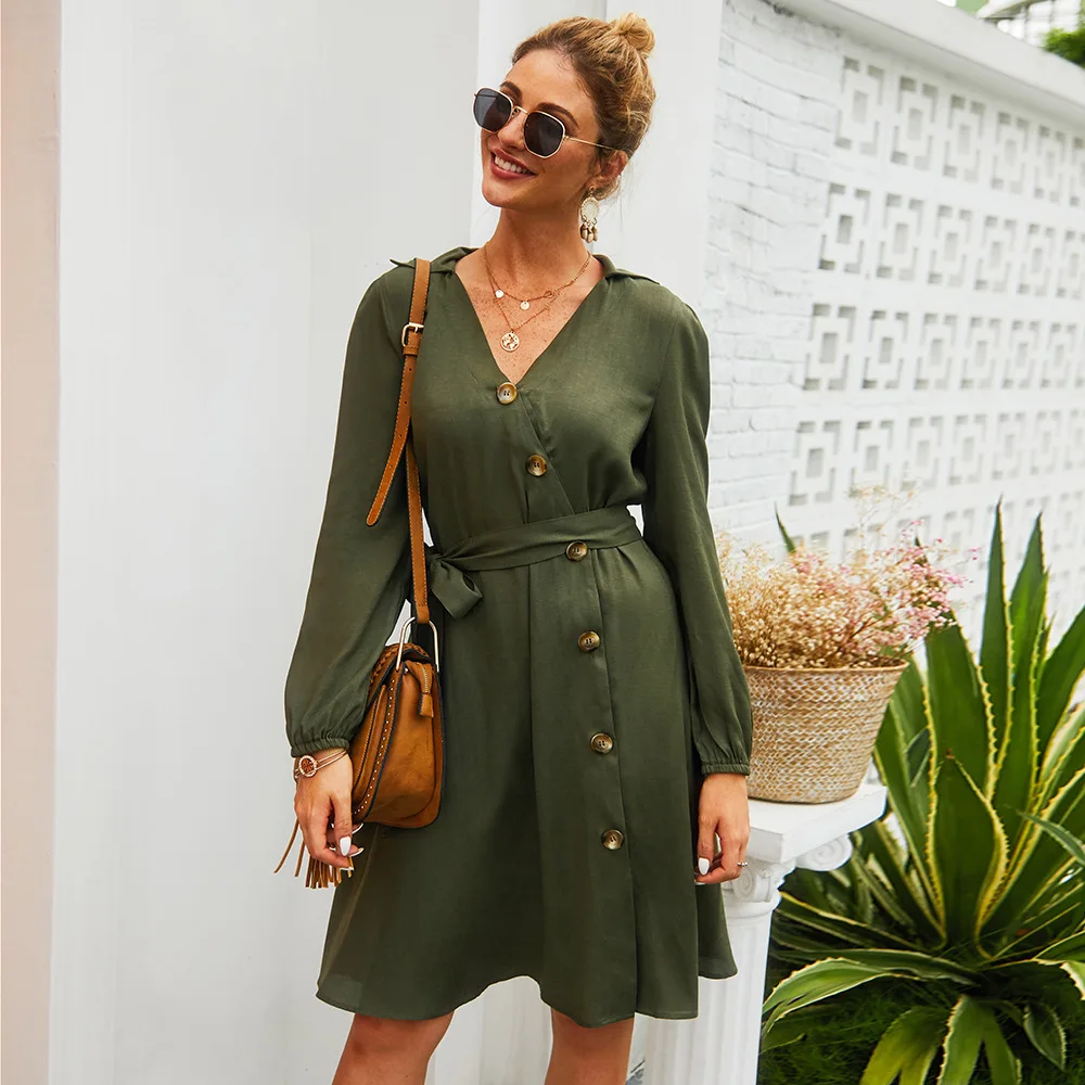 

Long Sleeve Womens Dresses New Arrival 2019 V Neck Bandage solid Dresse Legant Button Office Work Vintage Clothes Free Shiping