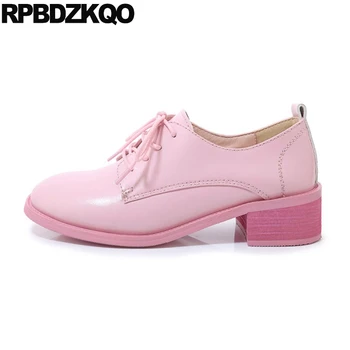

2019 block women size 33 thick white lace up oxford heels small high quality 4 34 shoes pink genuine leather pumps round toe low