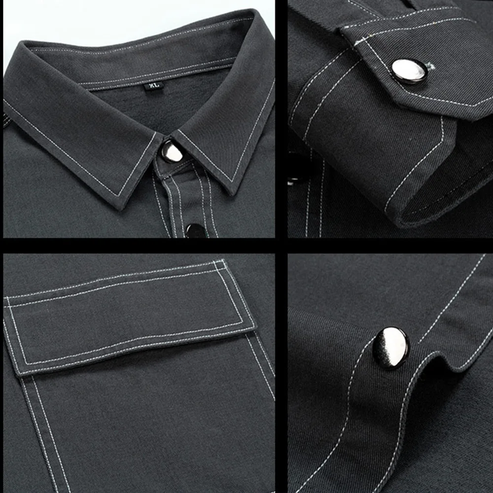 New 100% Cotton Denim Shirt For Men's Long-Sleeved Loose Casual  Jeans Shirts Solid Male Classical Single Doubl Pockets Clothing images - 6