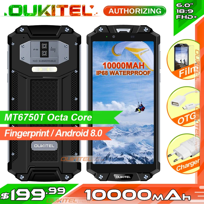 OUKITEL WP2 IP68 Водонепроницаемый NFC Смартфон 6," 18:9 MT6750T Восьмиядерный 4 Гб ОЗУ 64 Гб ПЗУ 10000 мАч отпечаток пальца мобильный телефон