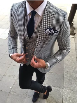 

Men Suits 3 Pieces Business Jacket Groom Houndstooth Wool Tuxedos For Formal Wedding Party (Blazer+Pants+Vest)