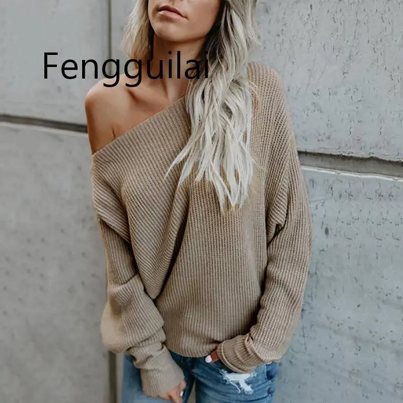 FENGGUILAI One Shoulder Sweater Women Loose Casual Pullovers And Sweaters Woman Autumn Solid Sweet Pullover
