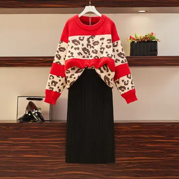

Plus Size M-4XL Autumn Knitted Sweatert 2 Piece Set Women's Vintage Leopard Pullover Tops + Black Skirt Two Piece Set Knit Suit