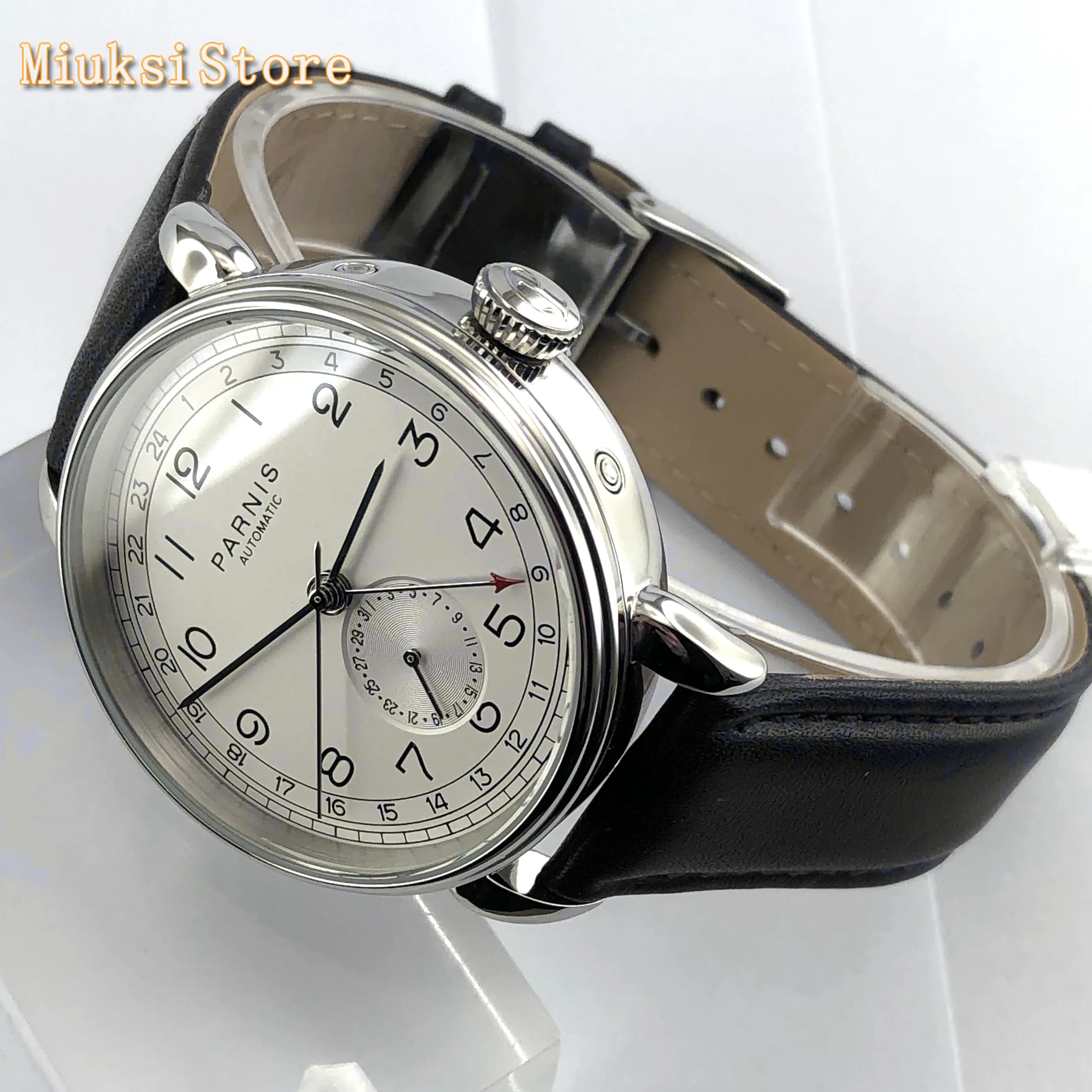 Parnis new top mens automatic mechanical watch 42mm silver case GMT arab mark date window leather mens watches