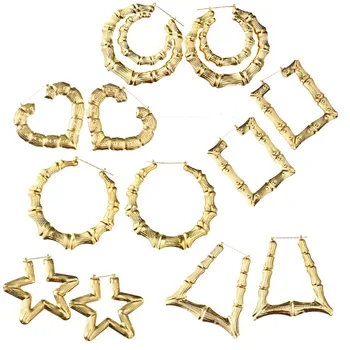 

New Ethnic Style Geometric Hoop Earrings Gold Silver Color Alloy Tone Bamboo Punk Women Big Hollow Creole Women Bijoux