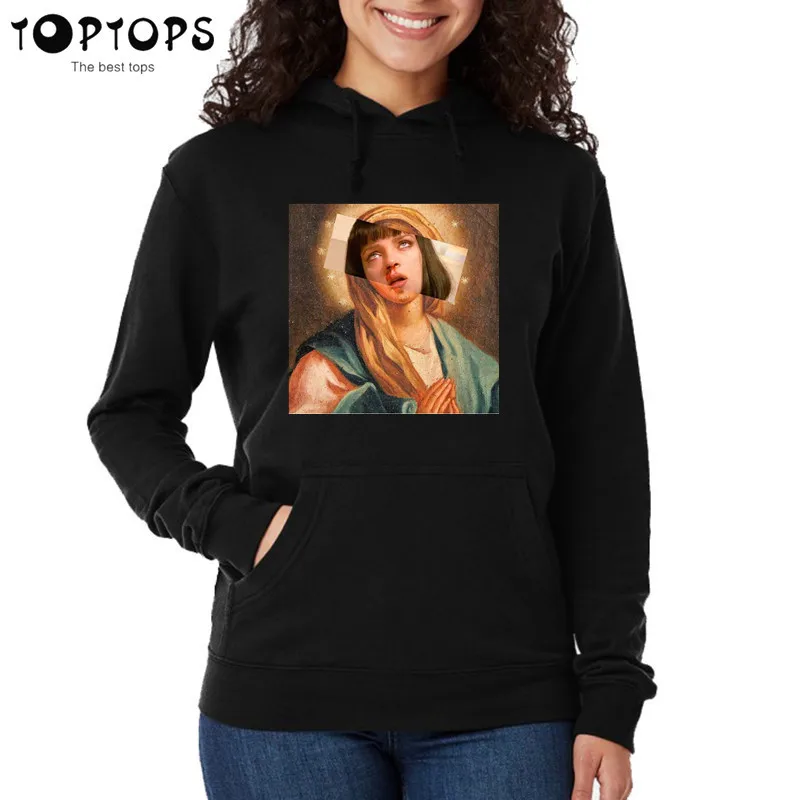 

Wome Pulp Fiction Virgin Mary Mia Wallace Sweatshirts Unisex Pink Hoodies Funny Coat Girls Female Harajuku Clothes