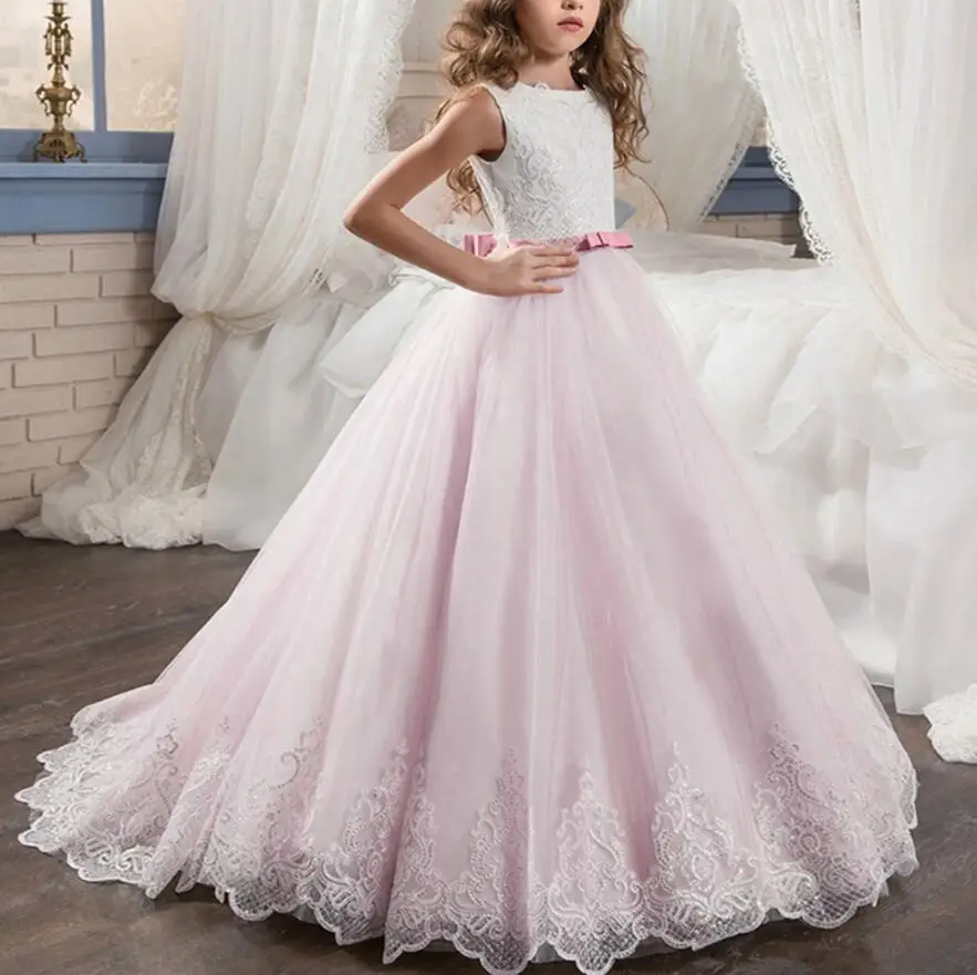 Свадебные платья подружки невесты для детей; Элегантное Длинное Платье из белого тюля со шлейфом; платье для первого причастия для девочек; бальное платье принцессы - Цвет: pale pink