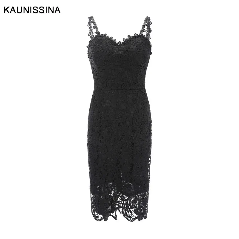 Black KAUNISSINA/кружевное коктейльное платье-карандаш без рукавов с ремешком, сексуальное платье для выпускного вечера, Клубные накидки для официальных мероприятий - Цвет: Black