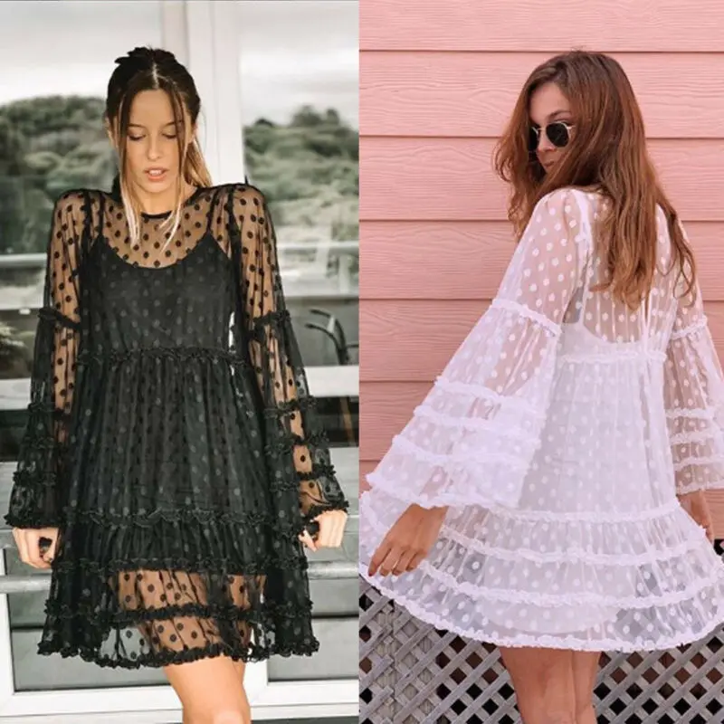

Meihuida Women Cover-Ups MinI Dress Boho Beach Dot Swing Long Sleeve V-Neck Ruffles Lace Floral Sundress