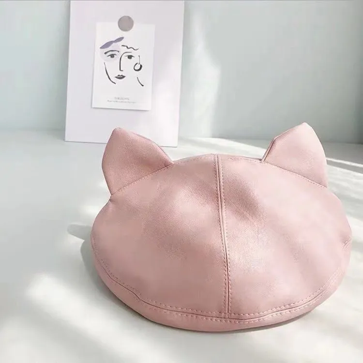 YOYOCORN сетчатый красный осенне-зимний кожаный берет с кошачьими ушками, Женская милая простая уличная модная шапка для дикого художника, восьмиугольная шапка