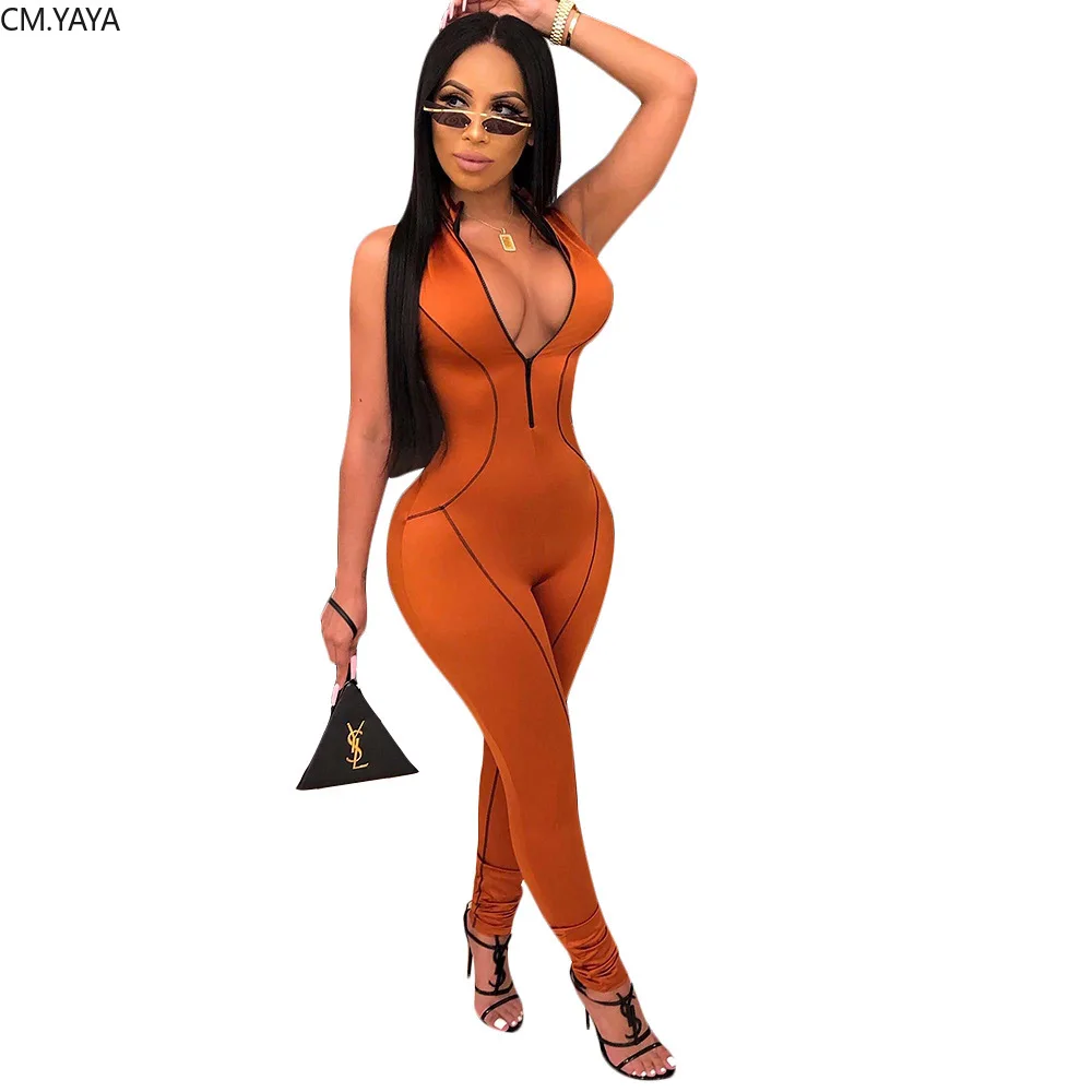 

women sleevelesss stripes splicing zipper up moto biker skinny bodycon jumpsuit sexy night club party romper playsuit GLS3647