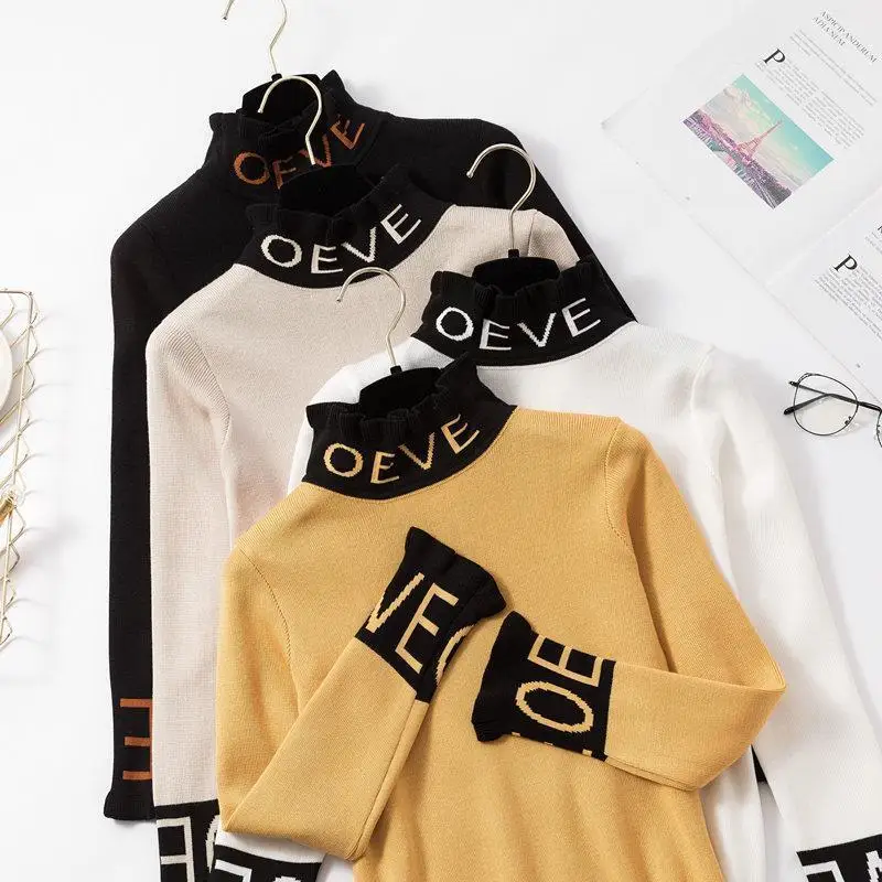 New Autumn Winter Knitted Female Pullover Casual Long Sleeve Turtleneck Sweater Elagant Embroidered Letters Women | Женская одежда