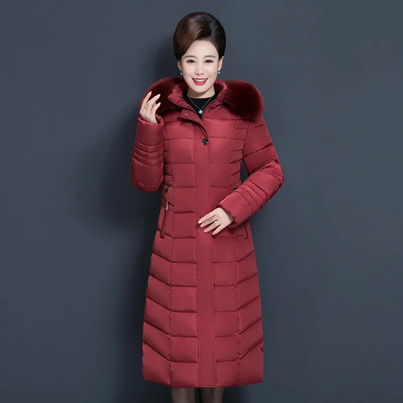 X-long зимняя женская куртка с меховым воротником для женщин среднего возраста, парки с капюшоном, теплое толстое хлопковое Женское зимнее пальто размера плюс 6XL - Цвет: Красный