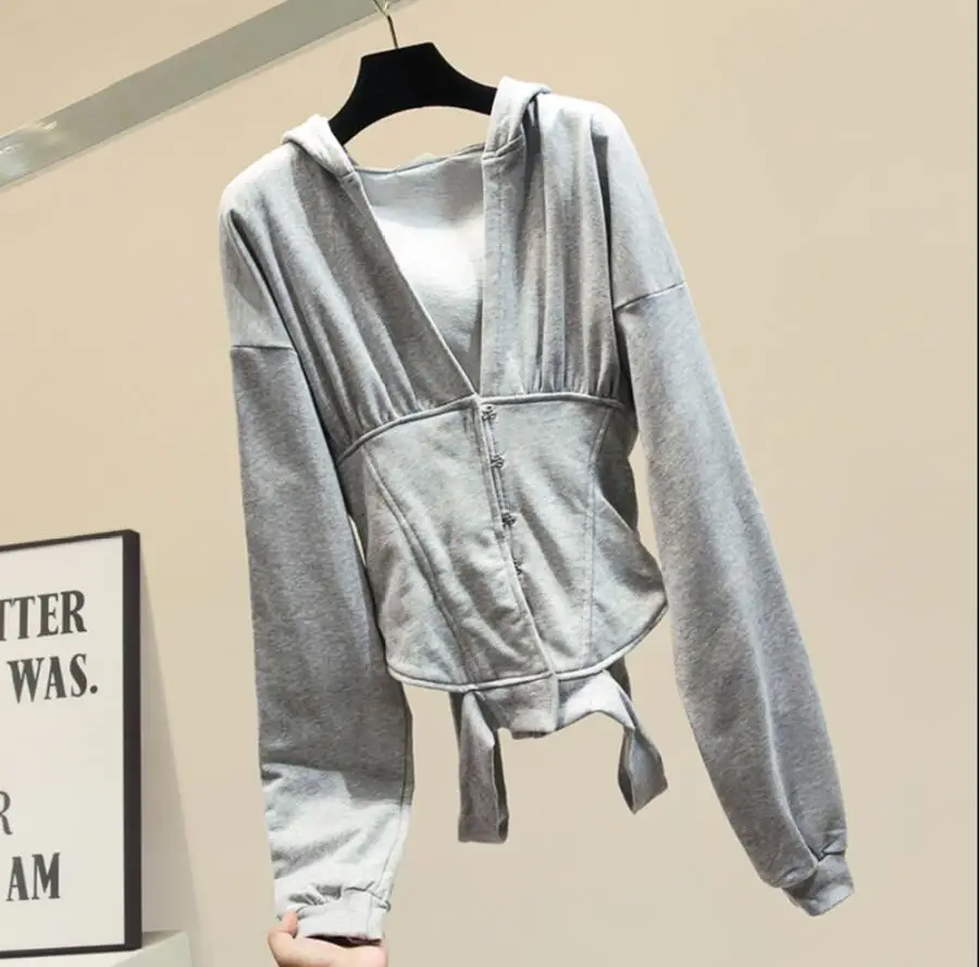 Модная толстовка на молнии Ins Женский свитшот приталенный серый корсет