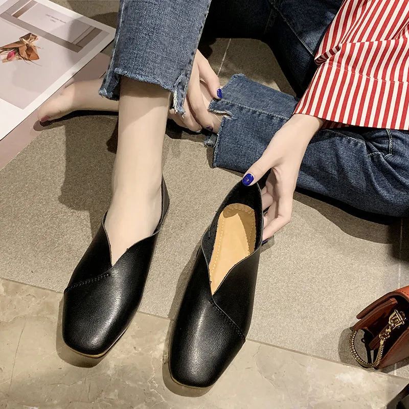 Casual Square Toe Loafers Womens Shoes Comfort Soft Nude PU Leather Flats Ladies Flat Black Nurse Slip On Mocassin Femme | Обувь