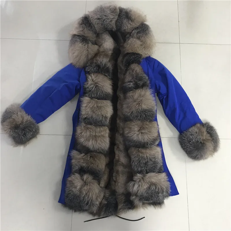 Brigth Blue Russia Winter Furs Parka with Fox Hoodies Women Long Length Furs Clothes