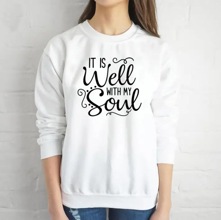 It Is Well with My Soul, Женская толстовка, Христианские толстовки с капюшоном, пуловер с круглым вырезом, топы с длинными рукавами, религиозная одежда, Прямая поставка - Цвет: Белый