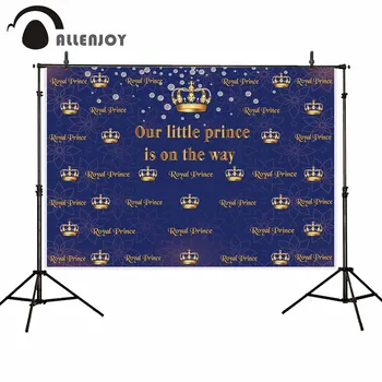 

Allenjoy Damask Wallpaper Golden Phrase Our Little Prince Is On The Way Grown Pearl Blue Backdrop Decor Boy Newborn Party Banner