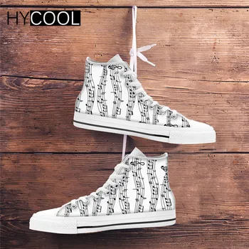 

HYCOOL Fashion Music Notes Print Woman High Top Canvas Shoes Breathable Lace Up Sneakers Girl Lady Casual Vulcanized Shoes