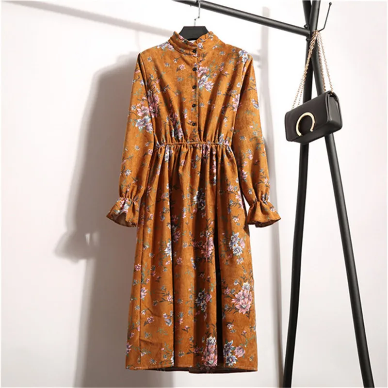 Осенние женские вельветовые платья, Повседневные Вечерние платья с длинными рукавами и принтом, винтажное элегантное дамское офисное платье - Цвет: CR7136-4