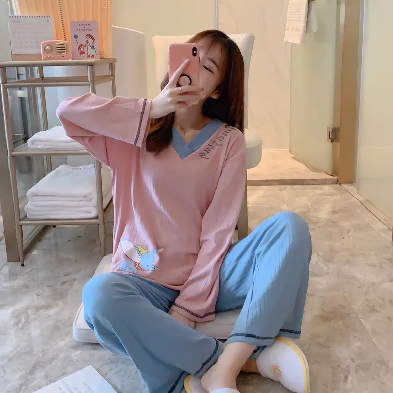 

Pajamas GIRL'S Spring And Autumn Long Sleeve Pure Cotton Dumbo Students INS Wind Autumn And Winter Thin Loose And Plus-sized Hom
