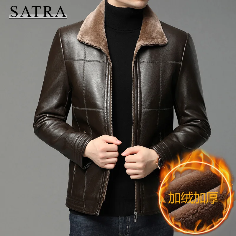 

SATRA 2021 New Arrival High Quality Plus Thick Leather Jacket Mens Winter Men's Jacket Fashion Faux Fur Collar Windproof Warm
