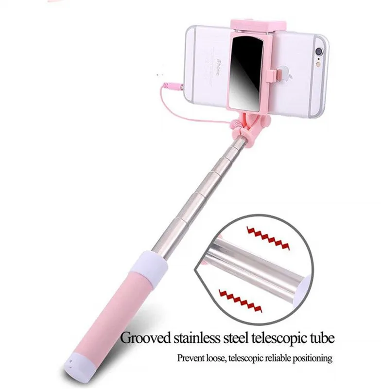 Wired Selfie Stick Rearview Mirror Selfie Stick For iPhone 6 6S 7 Plus 5 SE Monopod Adjustable Phone Holder For Huawei xiaomi