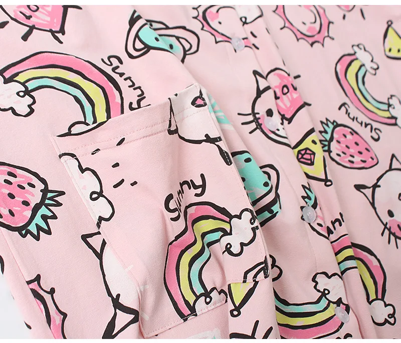 Rainbow Cat Cartoon Graffiti Women Sleepwear Cotton Nightgowns Short Sexy Nightwear Turn-down Collar Sleepshirts Sleeping Dress