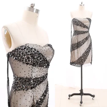 

MACloth Black Pencil Strapless Knee-Length Short Crystal Tulle Prom Dresses Dress L 266842 Clearance