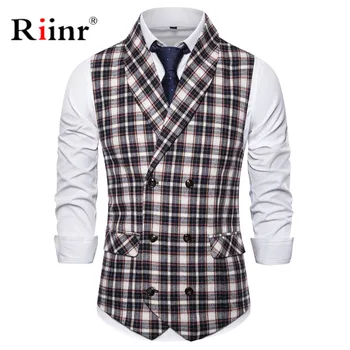 

Vintage Suit Vest Men Casual Slim Fit Black Herringbone Vests Double Breasted V Neck Business Gilet Homme Chalecos Para Hombre