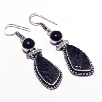 

Genuine Honey Dendrite Opal + Black Onyx Silver Overlay on Copper Earrings , Hand made Women Jewelry Gift, E5404