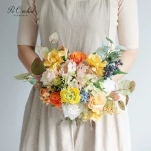 PEORCHID Champagne Yellow Wedding Buquet Bridesmaid Hand Dold flower Peonies Rose Mariage Decoration Luxury Ramos De Boda