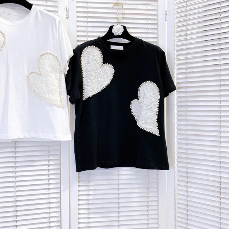 

Стильные французские летние новые женские футболки с коротким рукавом и жемчугом, модная повседневная женская Свободная прямая блузка в стиле френч