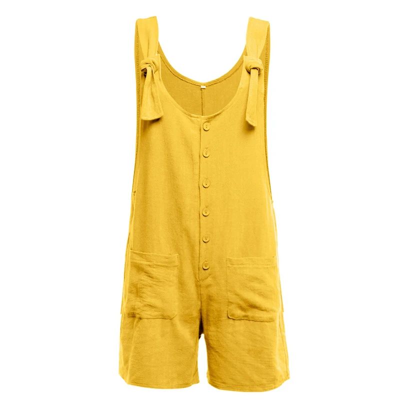 Women Cotton Linen Strappy Wide Leg Loose Jumpsuit Overalls Short Bib Pants for Summer GDD99